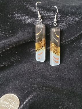 Handmade Glass, Black W Gold Leaf & Copper Accent Drop Earrings